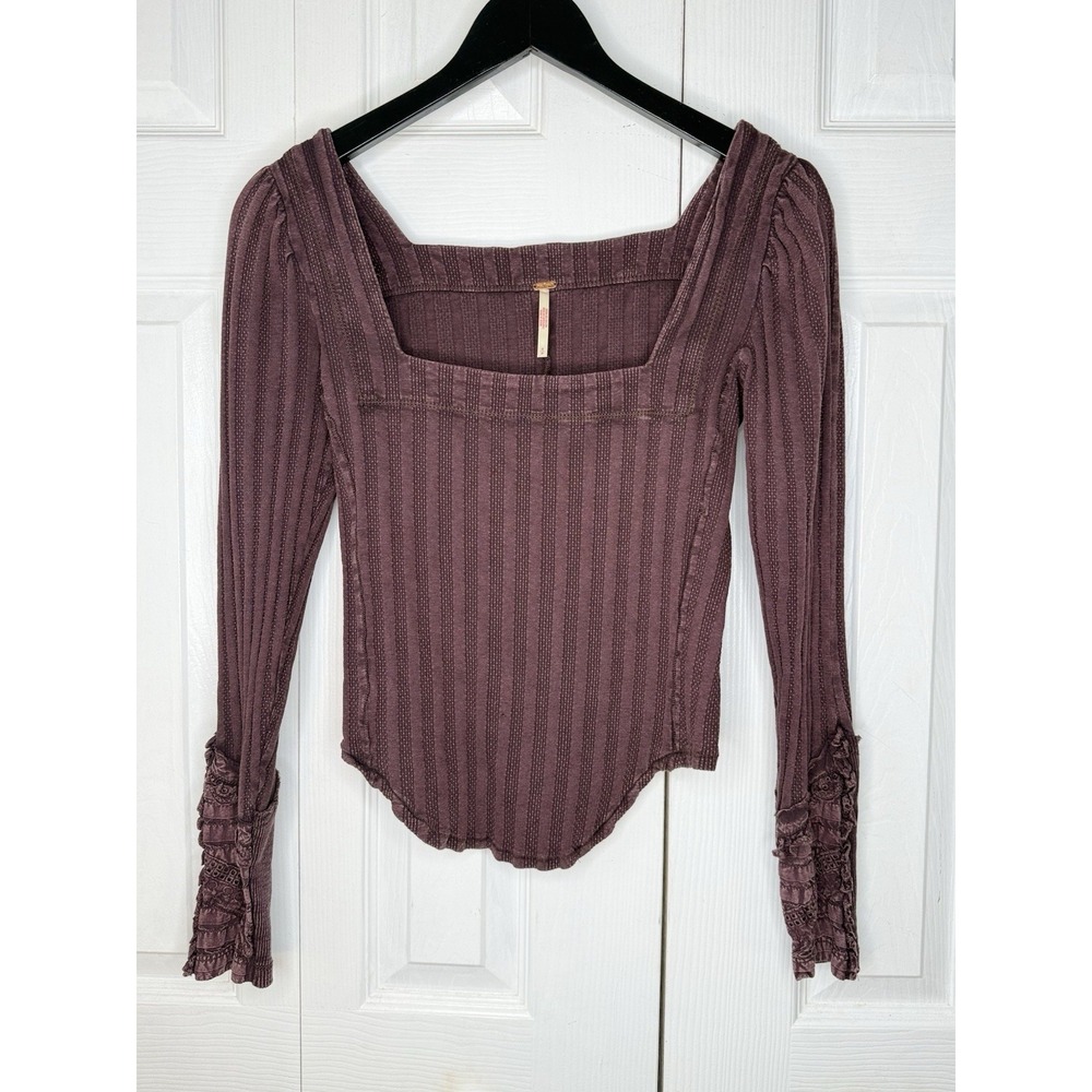 Free People Textured Square Neck Long Sleeve Top Small Boho Romantic